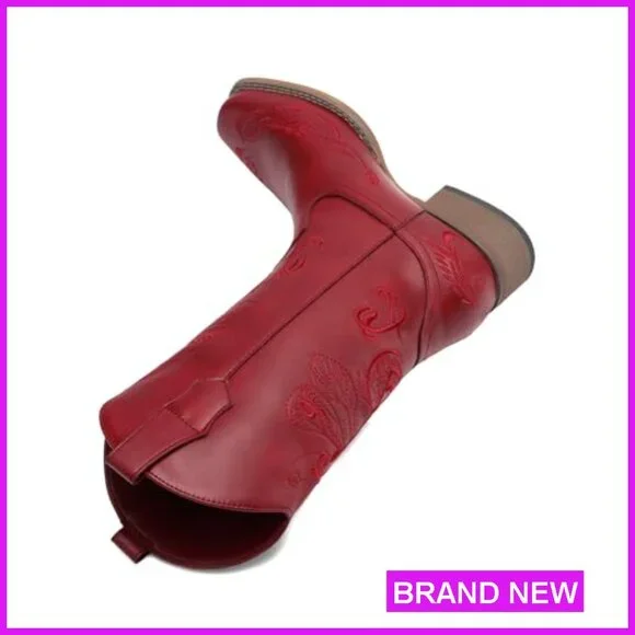 Square Toe Cowgirl Boots Chunky Heel Mid Calf Western Embroidered Stitched Pull - Picture 4 of 7